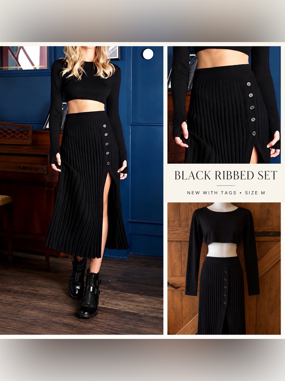 ZEZENI Black Ribbed Crop Top & Button Slit Midi Skirt Set M NWT